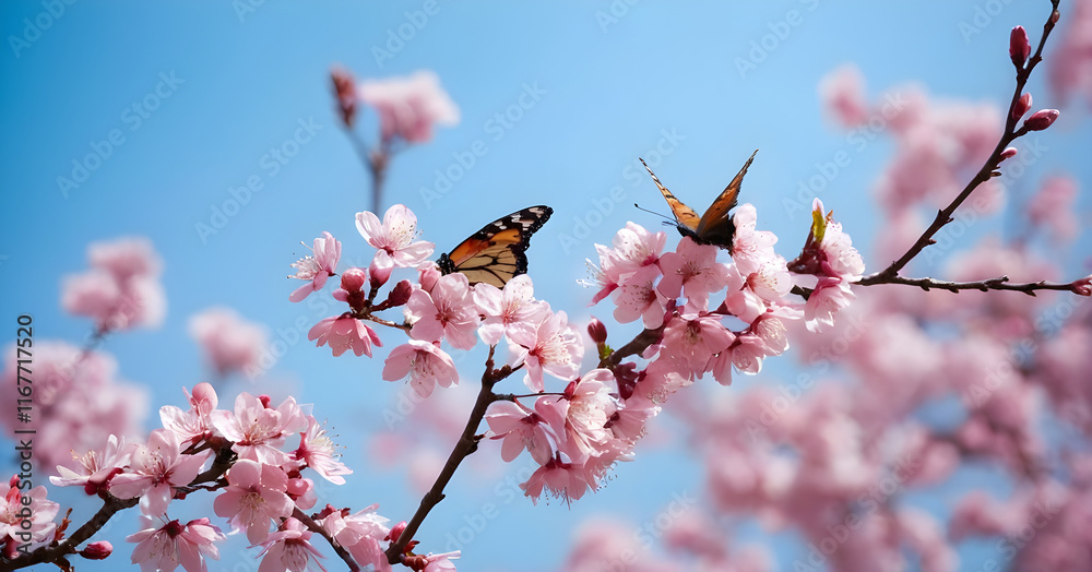 Two monarch butterflies enjoying blooming sakura flowers on tree branch Two monarch butterflies enjoying blooming sakura flowers on tree branch