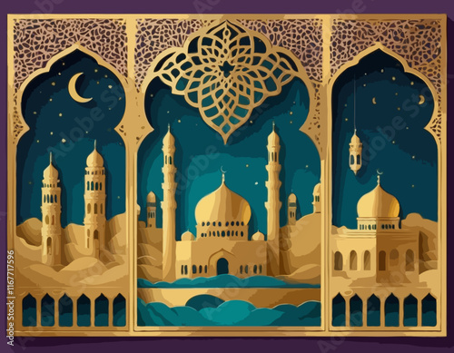 Ramadan Kareem posters set, gold 3d arabian windows on color background, arabesque pattern. Vector illustration. Place for text. Night moon, mosque dome, desert and lanterns paper cut landscape