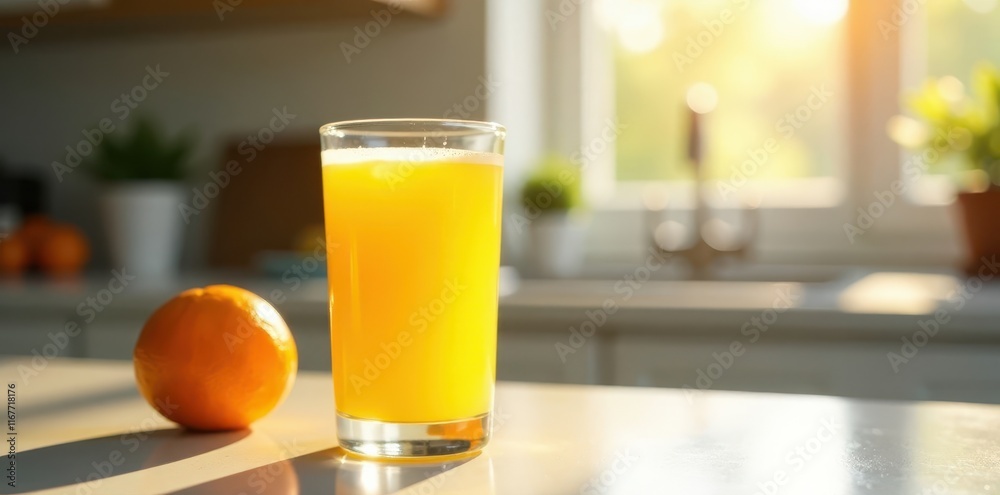 Bright glass of orange juice in morning sunlight on kitchen counter, glass, light Bright glass of orange juice in morning sunlight on kitchen counter, glass, light