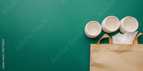 Reusable Shopping Bag with Eco-Friendly Items on Green Background
