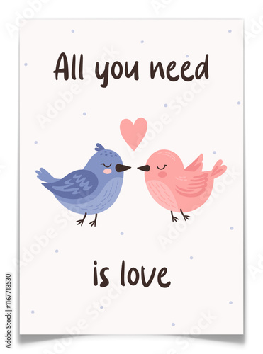 Hand Drawn Valentine Postcard with Birds in Love.