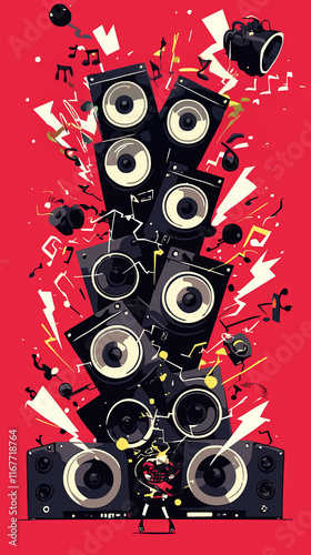 Explosive Stack of Speakers Illustrating Dynamic Music Energy and Power photo