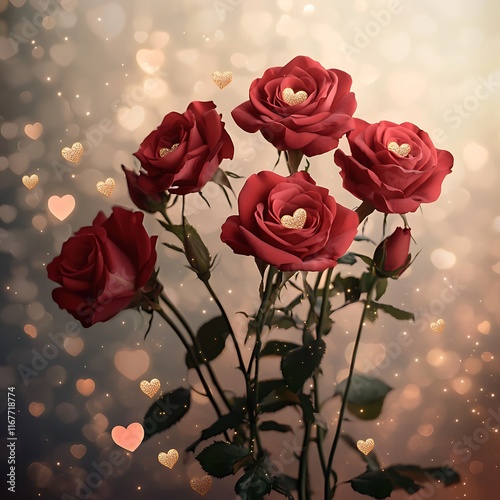 bouquet of red roses with heart-shaped petals for Valentine's Day