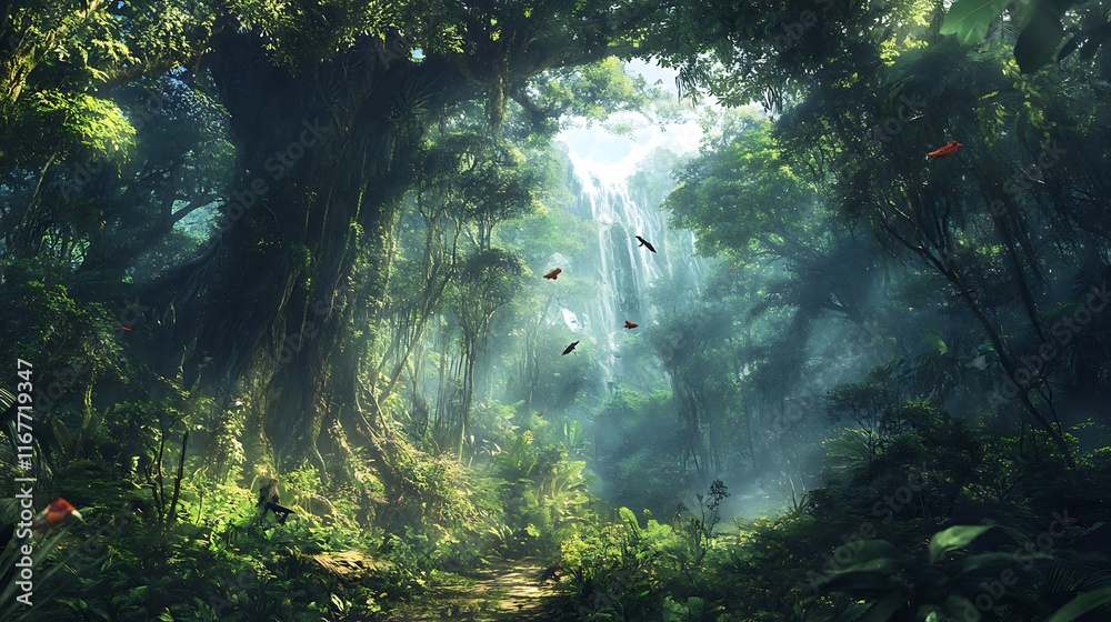 A dense jungle with towering trees, vines hanging down, and exotic birds perched in the branches 