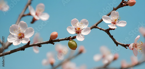 Almond tree branch blooming with pink flowers on blue sky background