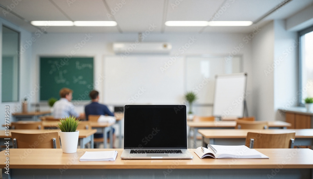 Neat teacher's desk with laptop and planner in modern classroom, education Neat teacher's desk with laptop and planner in modern classroom, education