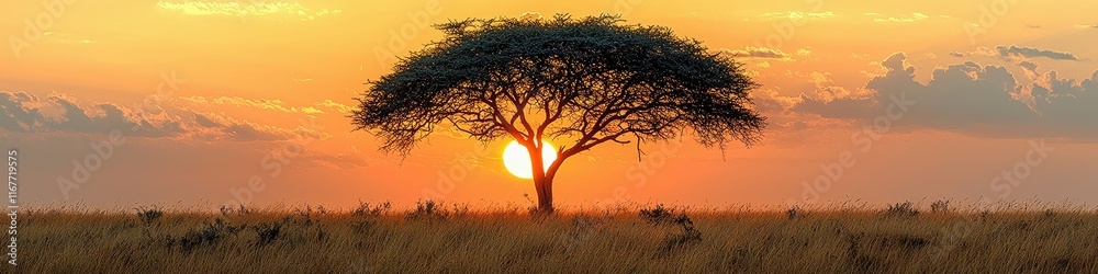 Solitary acacia tree silhouetted against a vibrant sunset over a savanna grassland. Solitary acacia tree silhouetted against a vibrant sunset over a savanna grassland.