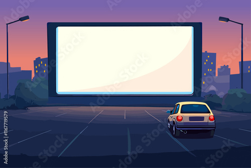 Outdoor cinema background. Open air movie theater. Blank white screen empty parking area with one car. Sunset light sky. City intertaining activity backdrop banner. Place for text. Cartoon style