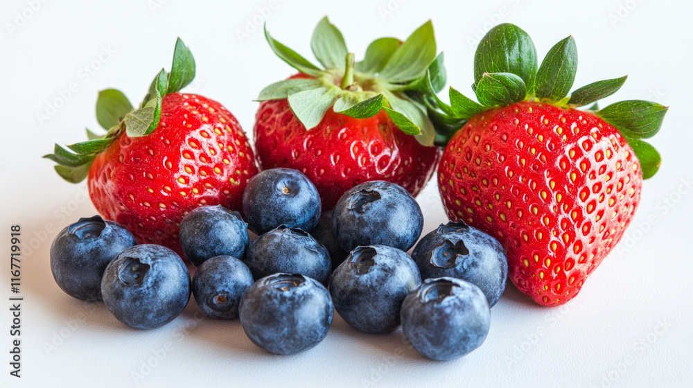 Obraz premium Fresh strawberries and blueberries on white background