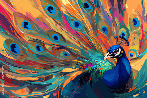 Peacock horizontal background. Multi colored feathers spread out. Royal peacock bird displaying its beautiful bright tail. Elegant cover backdrop banner poster. Beauty in nature. Cartoon style vector
