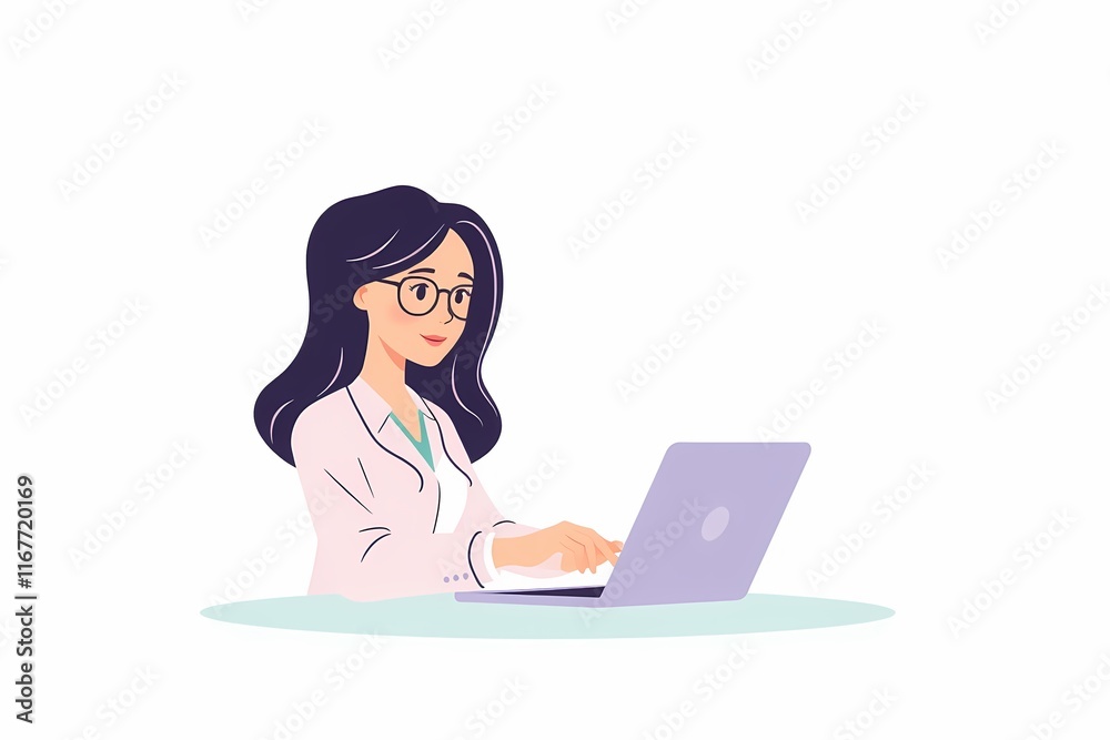Focused on the Task: A young professional woman with glasses, engrossed in her work on a laptop, radiates focus and determination. This illustration captures the essence of modern work life. Focused on the Task: A young professional woman with glasses, engrossed in her work on a laptop, radiates focus and determination. This illustration captures the essence of modern work life.