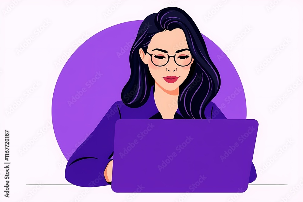 Focused on the Task: A stylish illustration of a woman in glasses concentrating on her work on a laptop, creating a sense of calm efficiency and professional focus. Focused on the Task: A stylish illustration of a woman in glasses concentrating on her work on a laptop, creating a sense of calm efficiency and professional focus.