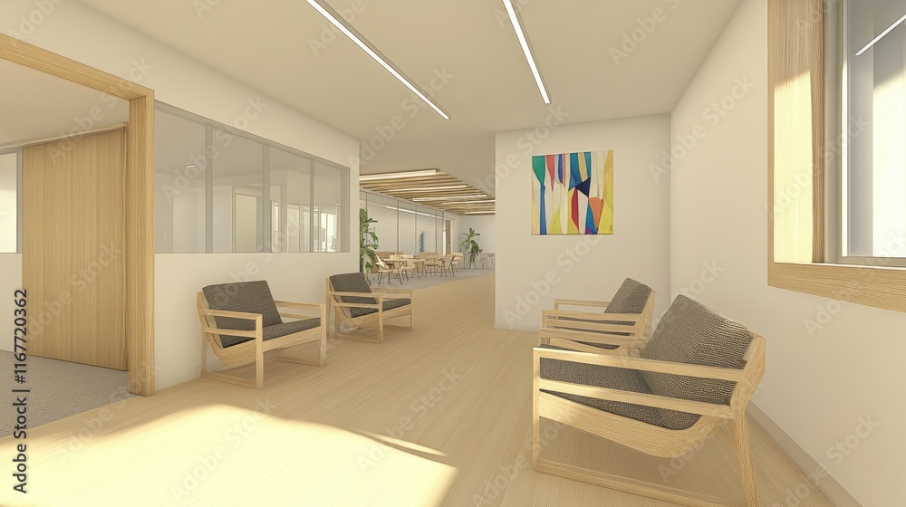 Fototapeta premium A modern office hallway with seating and artwork, designed for comfort and collaboration.