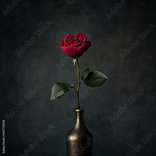 a single red heart-shaped rose in a gold vase against a dark background 
