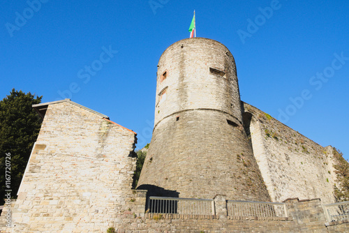 Walls and tower called Rocca, built in the 14th century on the hill of Sant'Eufemia. Città Alta (upper city), the historic center of Bergamo, Italy