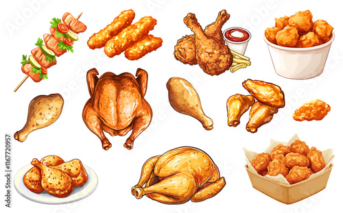 Roasted fried chicken set. Whole chicken wings in cardboard basket box pieces on plate kebab legs crunchy sticks. Tasty food lunch dinner menu design element. Cartoon style isolated vector clipart