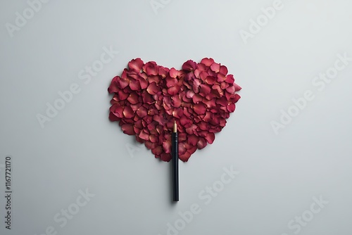 red rose petals forming the shape of a heart on a soft white background 