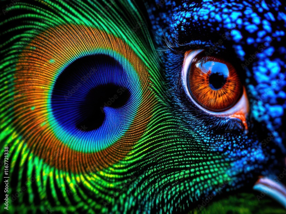 Naklejka premium Vibrant Peacock Feather Eye Close-Up