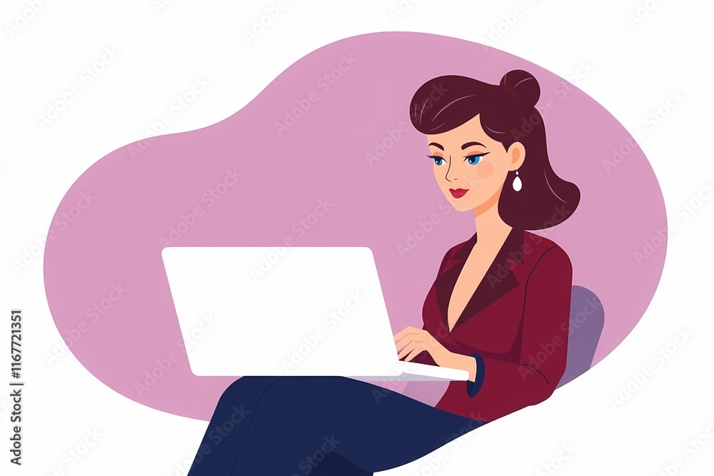 Businesswoman Working on Laptop Illustration Businesswoman Working on Laptop Illustration