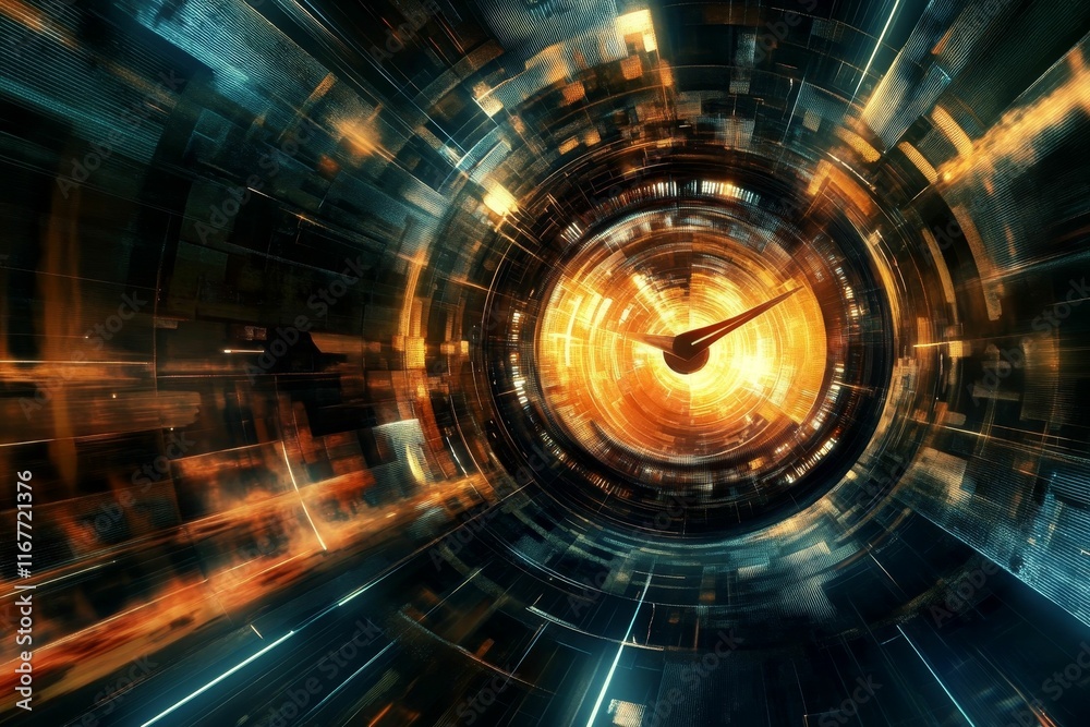 Obraz premium Abstract clock, glowing, technological, circular, motion.