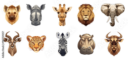 Savanna african wild animals portraits set. Front view head only. Wild life. Safari zoo sticker logo design elements. Exotic journey africa educational poster. Cartoon style isolated vector clipart