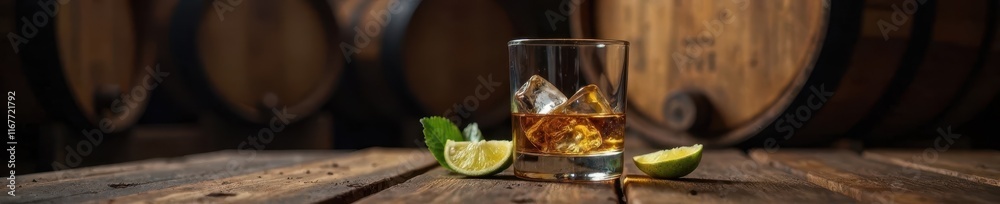 Glass of whiskey with ice and decanter beside a wooden barrel in a rustic cellar, wood, glass Glass of whiskey with ice and decanter beside a wooden barrel in a rustic cellar, wood, glass
