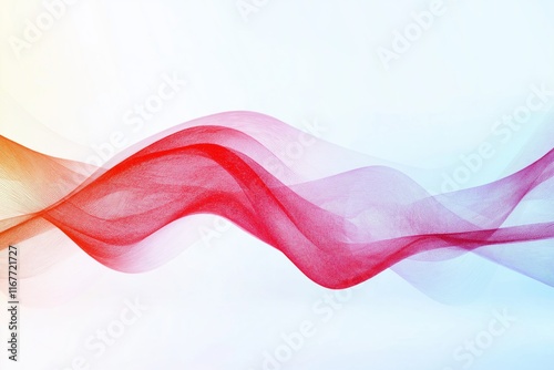 A red and blue wave with a white background. The wave is made up of many small dots