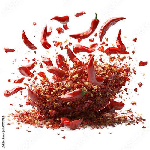 Red chili peppers flying through the air on a transparent background , chopped pieces falling off, Chili Peppers in Motion on a transparent background