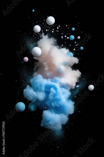 A black and white photo of a cloud of colorful balls. Concept of chaos and confusion, as the balls are scattered in all directions and appear to be floating aimlessly photo