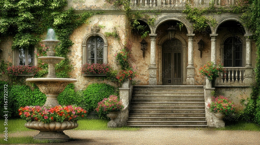 Fototapeta premium Enchanted Italian Villa: A Serene Garden Oasis
