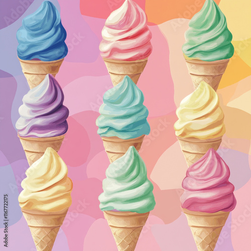 Deliciously colorful ice cream cones stacked in an artistic arrangement against a vibrant backdrop. Generative AI
