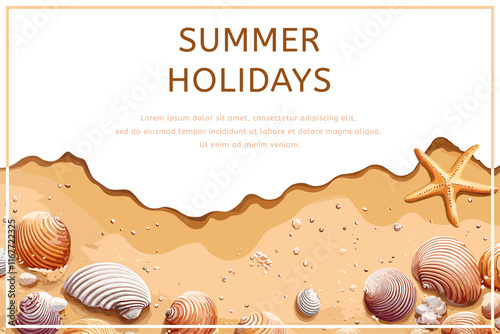 Summer beach sea side background. Sand with shells and seastar. Place for text. seacoast or ocean shore top view. Exotic tropical island idyllic holidays vacation banner. Cartoon style vector