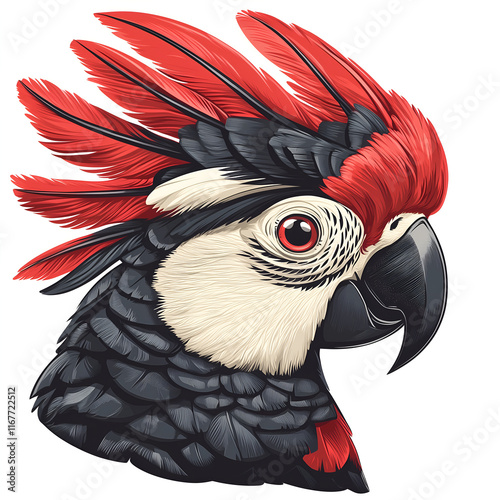 Isolated on a white background detailed illustration of a parrot with a bold red crest, black and white feathers, and a striking red eye.  photo