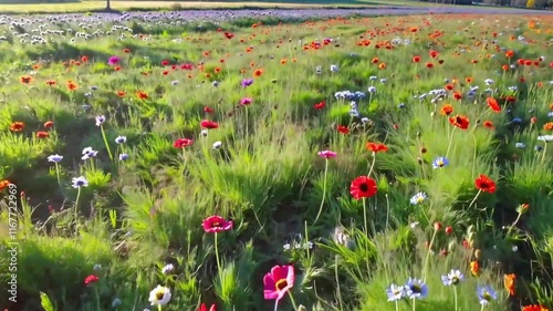 spring wildflower field in sunlight slow motion with poppies and cornflowers gently swaying in the breeze vibrant nature scene