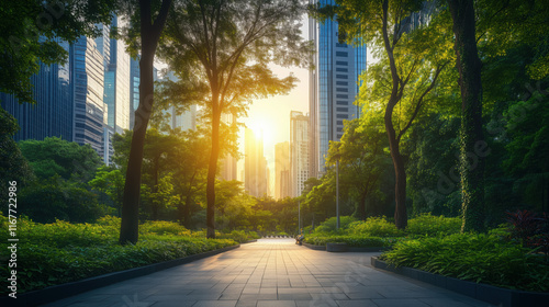 Idyllic Park at Sunset with Soft Light Filtering Through Tall Trees, Vibrant Sky Colors, and Pathways Leading Through Flourishing Greenery Against Modern Urban Architecture