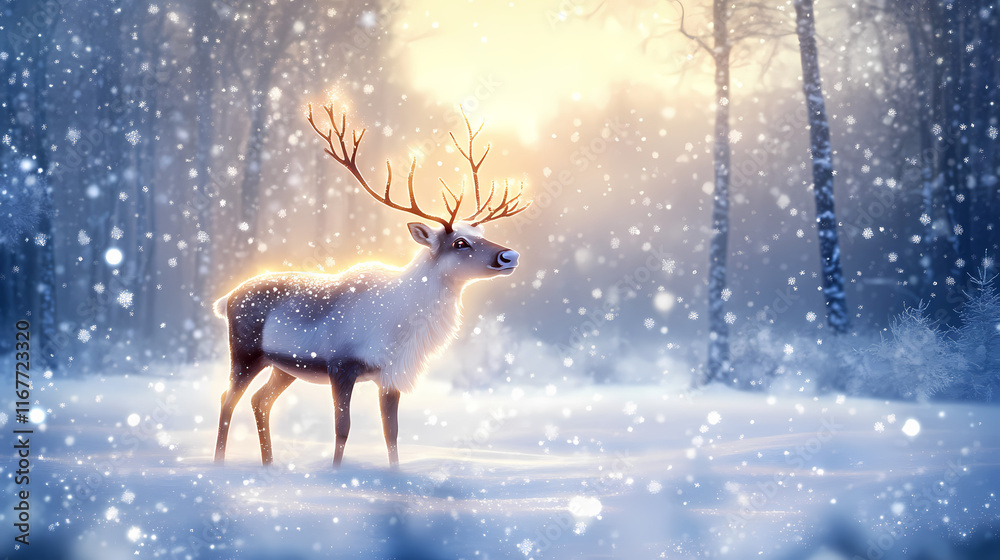 Enchanted winter scene with glowing reindeer in snowy forest. Frostwind. Illustration Enchanted winter scene with glowing reindeer in snowy forest. Frostwind. Illustration