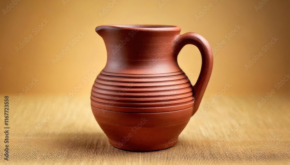 A rustic clay jug resting on a textured surface, showcasing traditional pottery craftsmanship A rustic clay jug resting on a textured surface, showcasing traditional pottery craftsmanship
