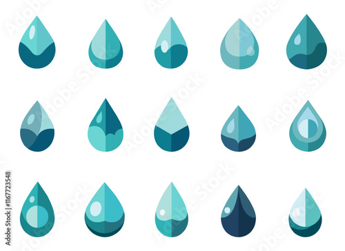 Water drops icons set. Clear weather drip healthy drinking liguid droplet sign. Simple raindrop symbol. Nature blob shape. Flat style minimalism design elements. Isolated vector clipart collection