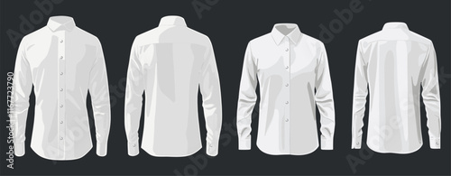 White female and male longsleeve classic shirt mockup set with collar and buttons. Front and back view. Formal and casual wear. Modern fashion design cloth. Cartoon style vector illustration on dark