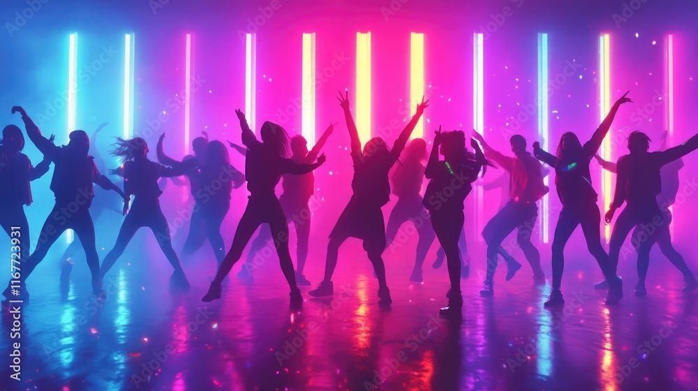 A lively group of dancers performs energetically under dazzling neon lights, creating a vibrant atmosphere filled with color and rhythm A lively group of dancers performs energetically under dazzling neon lights, creating a vibrant atmosphere filled with color and rhythm