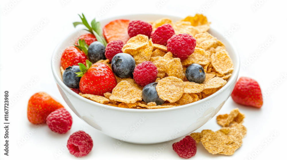 Bowl of crunchy cereal with fresh berries and strawberries Bowl of crunchy cereal with fresh berries and strawberries