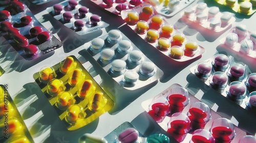 Colorful assortment of blister packs showcasing various medicines and supplements on a tabletop photo