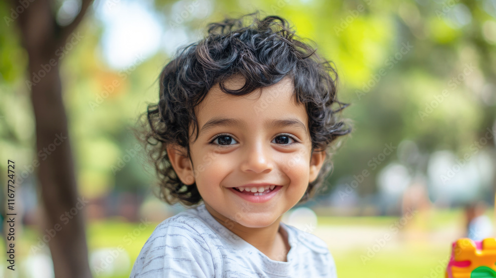 Smiling hispanic child with curly hair in park setting Smiling hispanic child with curly hair in park setting