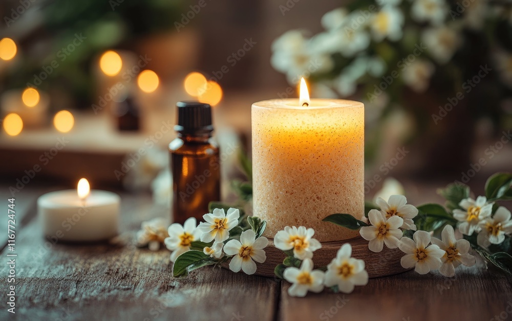 Softly glowing candles and delicate flowers are arranged on a weathered wooden table, creating a peaceful and calming atmosphere perfect for relaxation or meditation