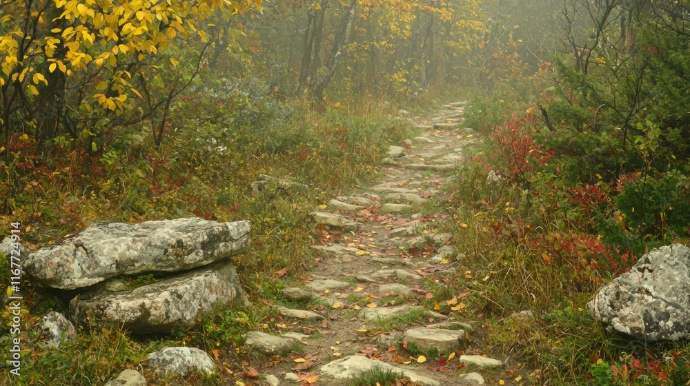 Misty Autumn Trail: A Serene Stone Path Through Colorful Foliage Misty Autumn Trail: A Serene Stone Path Through Colorful Foliage