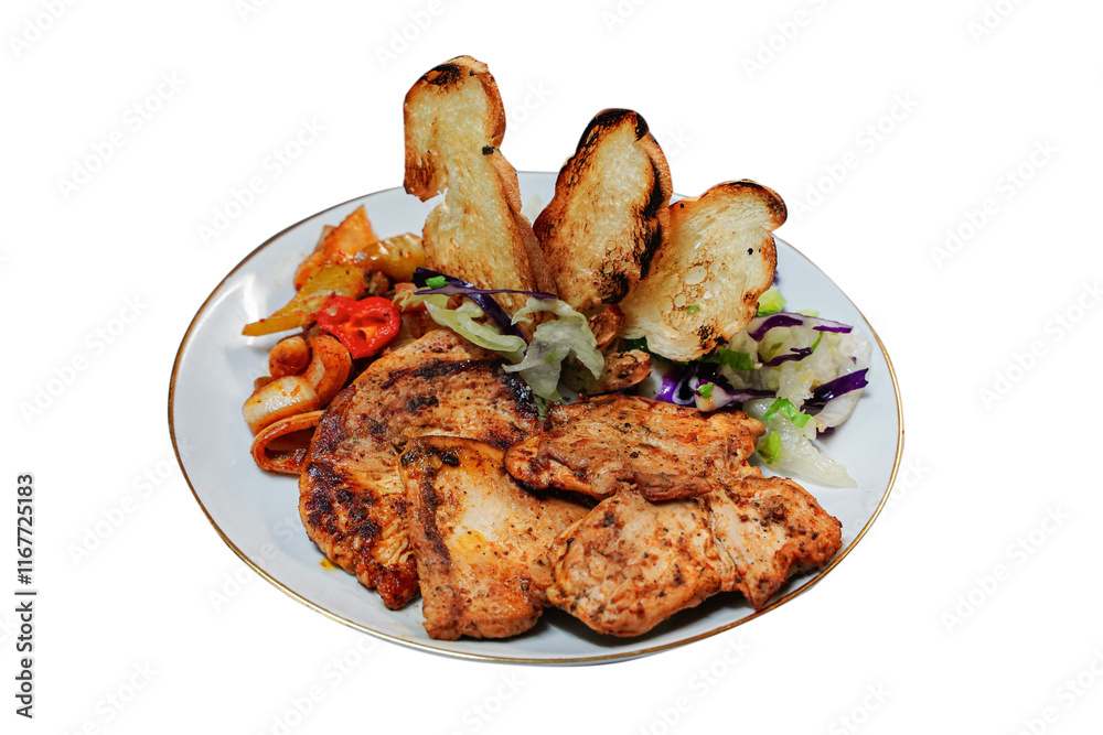 Grilled chicken pieces served with cooked vegetables and salad, horizantal, white background Grilled chicken pieces served with cooked vegetables and salad, horizantal, white background