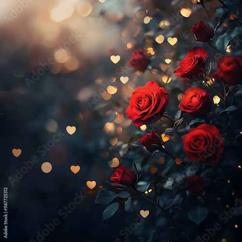 a collection of red roses and golden hearts surrounded by soft bokeh lights 