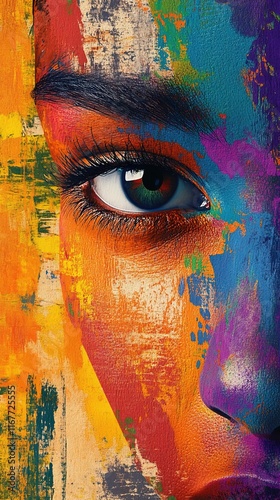 Close-up of woman's eye with colorful paint.