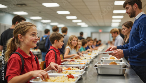 Happy students lining up for lunch in school cafeteria, joyful experience