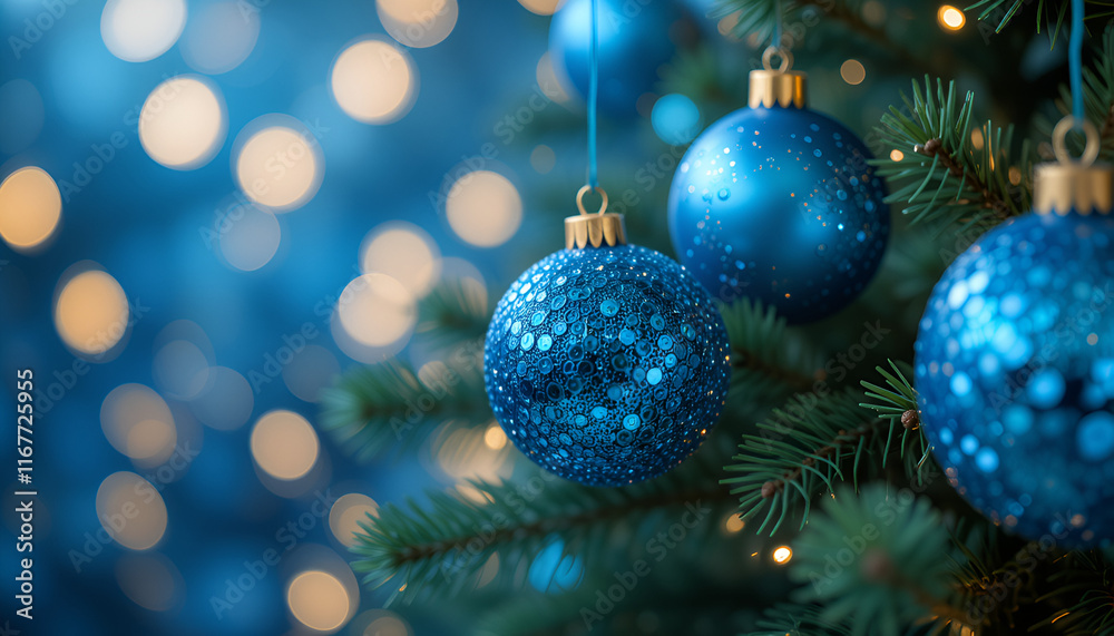 Fototapeta premium Blue Christmas ornaments on a fir branch with a backdrop of blurred lights for Christmas, New Year, and winter festivities. 